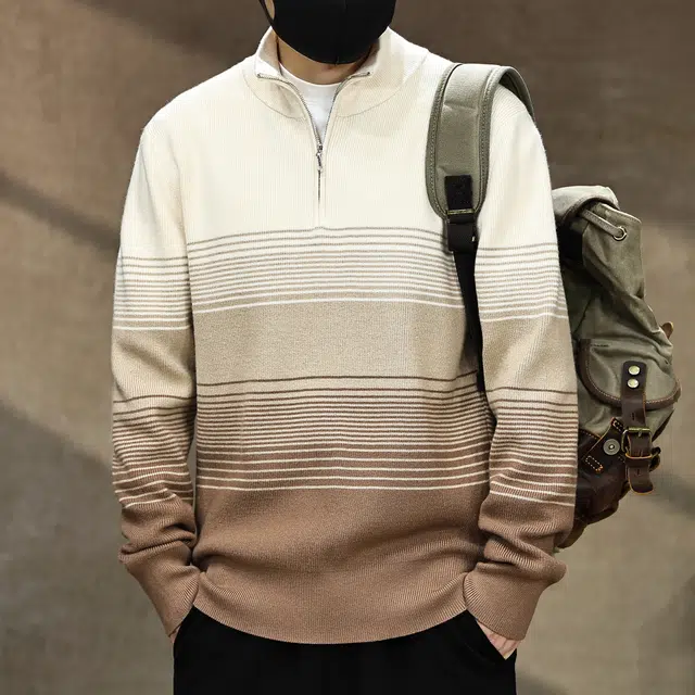古先森 秋冬款 美式复古渐变色立领针织半拉链毛衣 宽松保暖高级感慵懒风半高领 男款 驼咖色