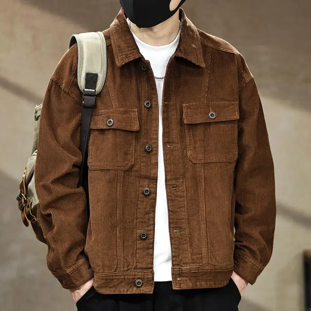 古先森 秋冬款 美式复古阿美咔叽工装灯芯绒纯棉夹克 宽松潮牌痞帅休闲外套 男款 咖啡色