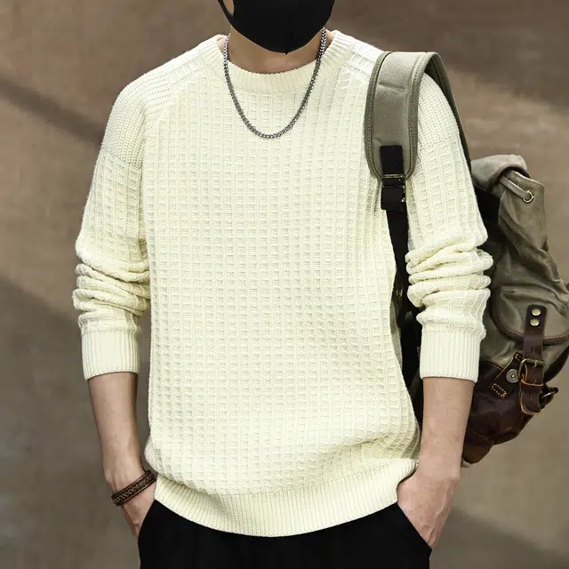 古先森 秋冬款 美式休闲华夫格圆领加厚毛衣 保暖内搭打底 男款