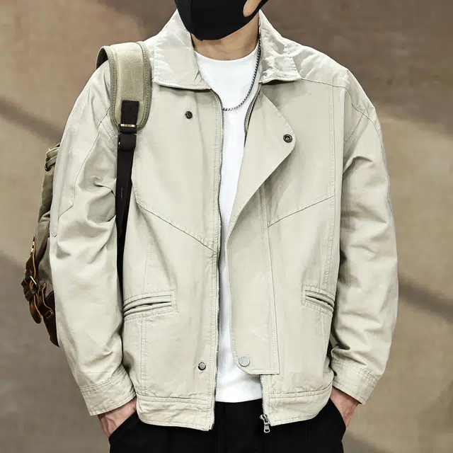 古先森 秋季 美式高端痞帅休闲机车纯棉夹克 宽松外穿松弛感翻领工装长袖外套 男款 浅卡色
