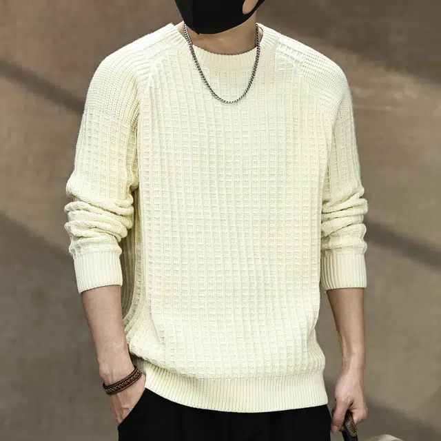 古先森 秋冬款 美式休闲华夫格圆领加厚毛衣 保暖内搭打底 男款