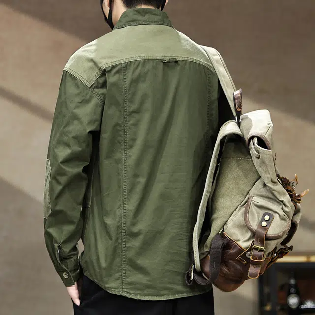 古先森 春秋季 美式复古硬汉猎装工装长袖衬衫 休闲宽松翻领纯棉衬衣 男款