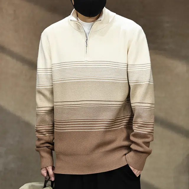 古先森 秋冬款 美式复古渐变色立领针织半拉链毛衣 宽松保暖高级感慵懒风半高领 男款 驼咖色