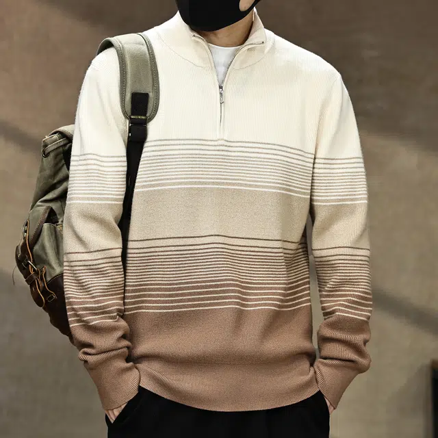 古先森 秋冬款 美式复古渐变色立领针织半拉链毛衣 宽松保暖高级感慵懒风半高领 男款 驼咖色
