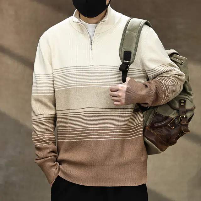 古先森 秋冬款 美式复古渐变色立领针织半拉链毛衣 宽松保暖高级感慵懒风半高领 男款 驼咖色