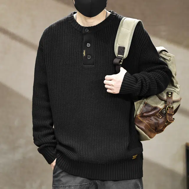 古先森 秋冬款 复古美式慵懒风竖纹套头亨利领针织毛衣 宽松大码加厚保暖百搭打底衫  男款