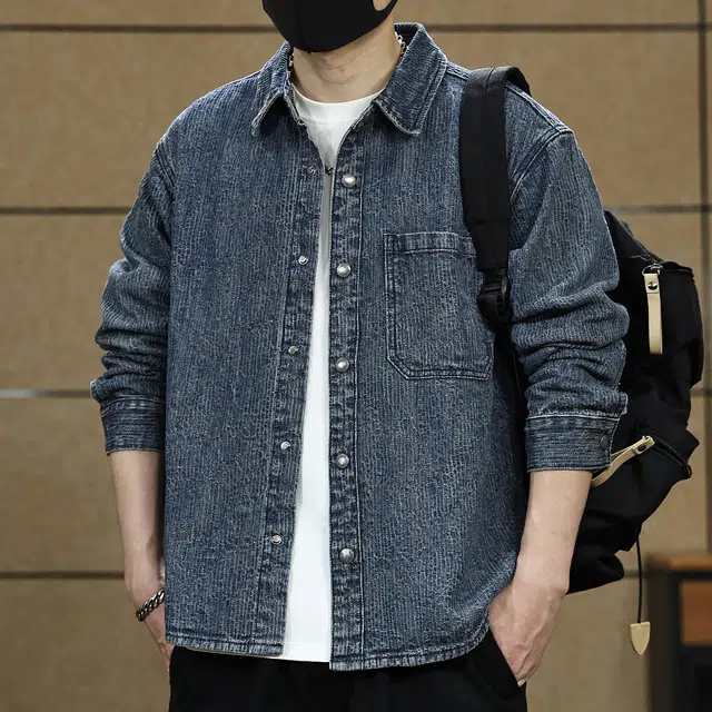 古先森 竖条肌理感做旧水洗长袖牛仔衬衫 男款