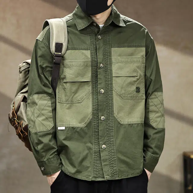 古先森 春秋季 美式复古硬汉猎装工装长袖衬衫 休闲宽松翻领纯棉衬衣 男款