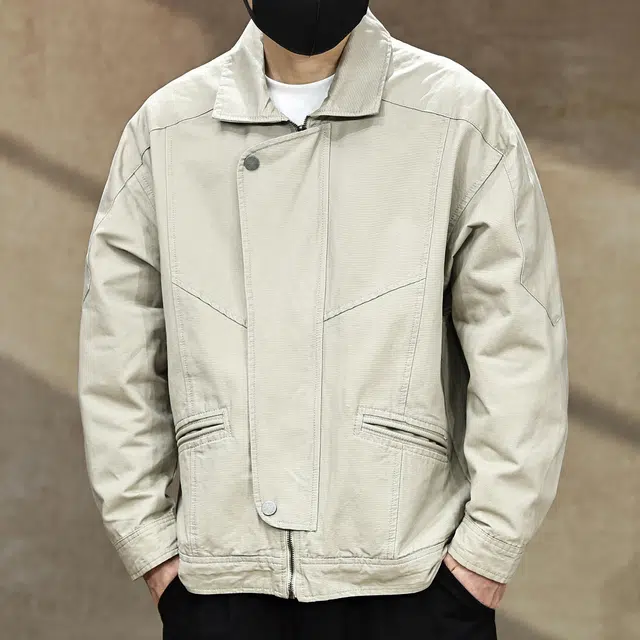 古先森 秋季 美式高端痞帅休闲机车纯棉夹克 宽松外穿松弛感翻领工装长袖外套 男款 浅卡色