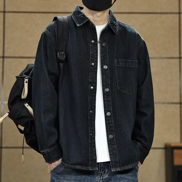 古先森 秋季 美式复古水洗扎花牛仔外套长袖衬衫 男款