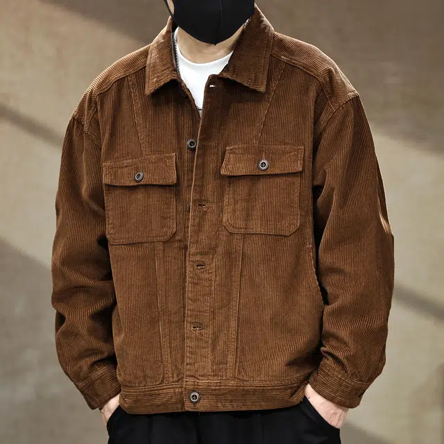 古先森 秋冬款 美式复古阿美咔叽工装灯芯绒纯棉夹克 宽松潮牌痞帅休闲外套 男款 咖啡色