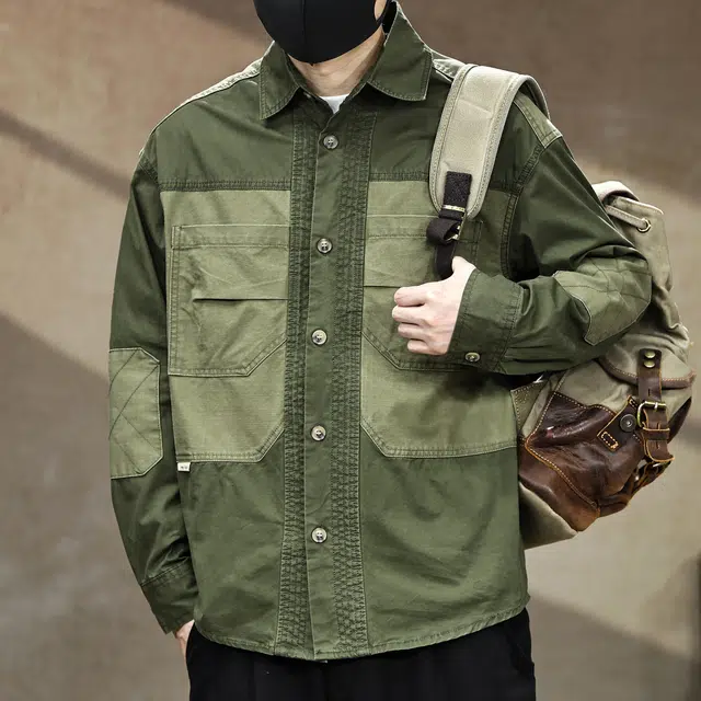 古先森 春秋季 美式复古硬汉猎装工装长袖衬衫 休闲宽松翻领纯棉衬衣 男款