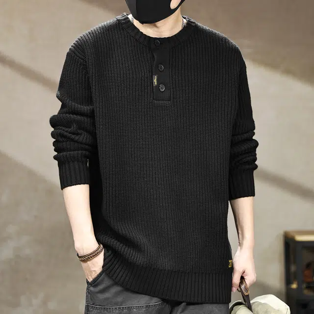 古先森 秋冬款 复古美式慵懒风竖纹套头亨利领针织毛衣 宽松大码加厚保暖百搭打底衫  男款