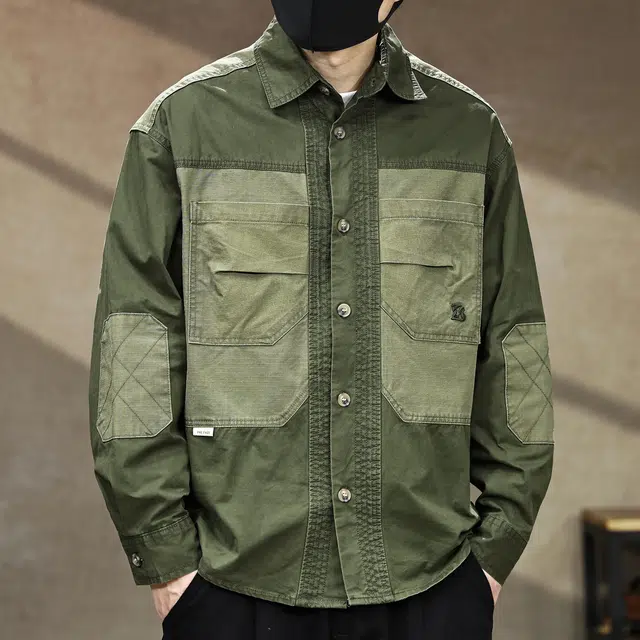 古先森 春秋季 美式复古硬汉猎装工装长袖衬衫 休闲宽松翻领纯棉衬衣 男款