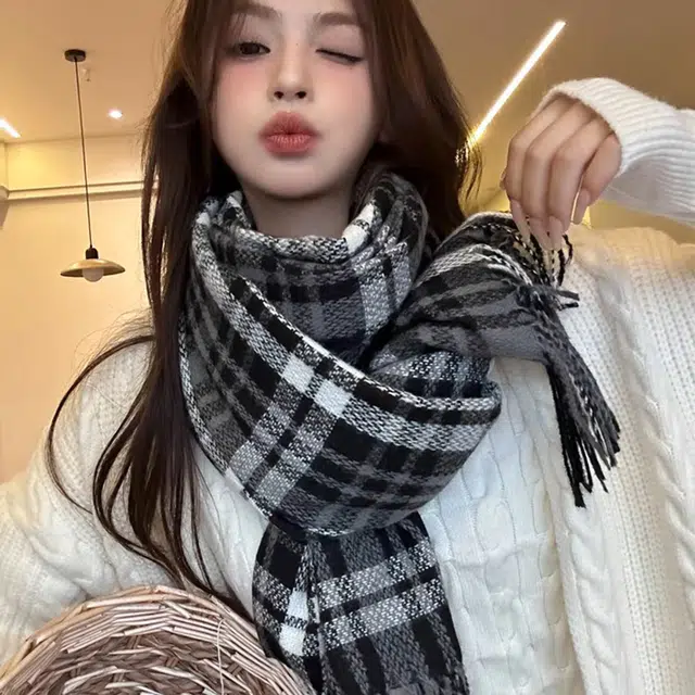 吾皇猫 百搭款简约格子学院风加绒加厚保暖 聚酯纤维 绒线围巾 男女同款情侣款