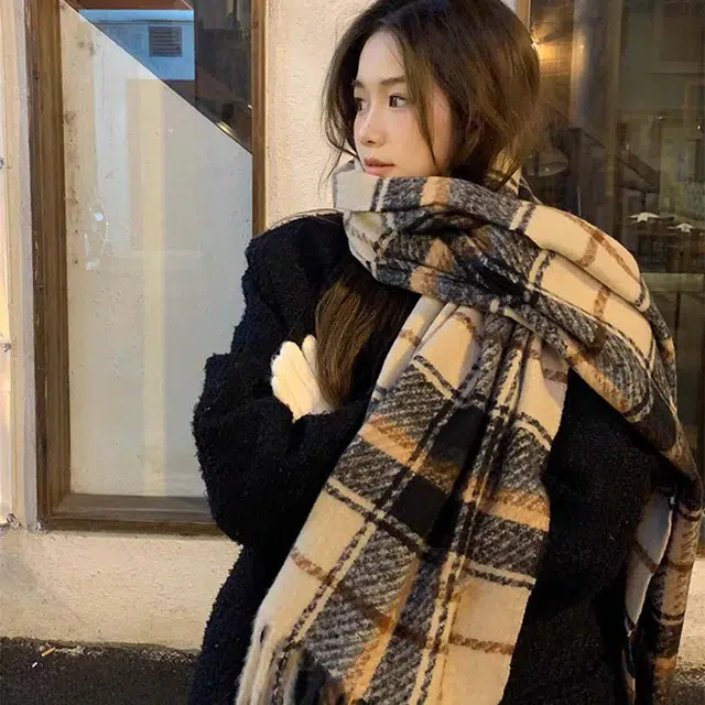 吾皇猫 格子出行保暖加厚韩版高级感百搭 聚酯纤维 绒线围巾 男女同款情侣款