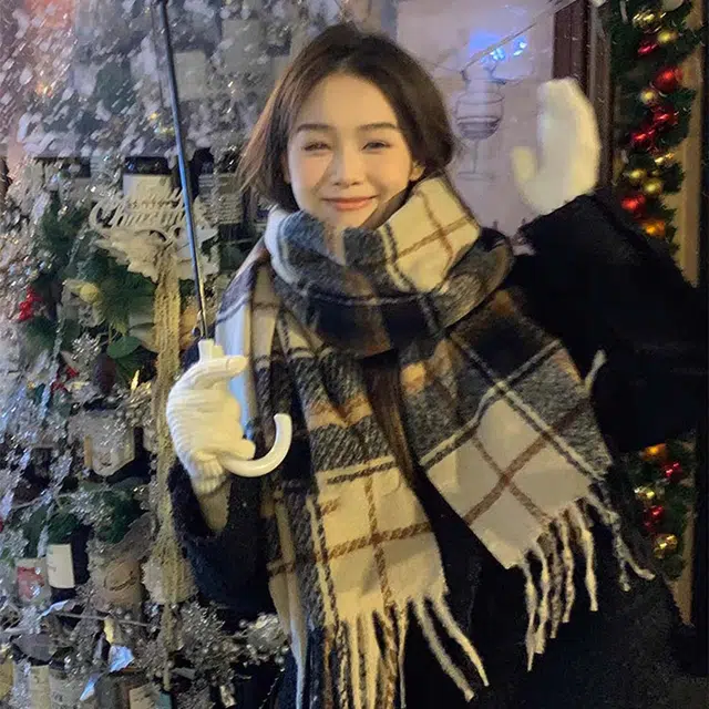吾皇猫 格子出行保暖加厚韩版高级感百搭 聚酯纤维 绒线围巾 男女同款情侣款
