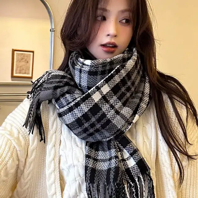 吾皇猫 百搭款简约格子学院风加绒加厚保暖 聚酯纤维 绒线围巾 男女同款情侣款