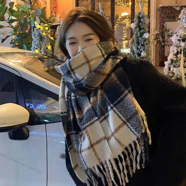 吾皇猫 格子出行保暖加厚韩版高级感百搭 聚酯纤维 绒线围巾 男女同款情侣款