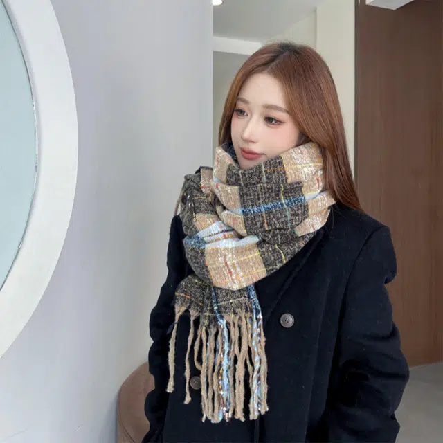 【心动礼盒】 吾皇猫 满目星河小众设计款撞色流苏保暖复古格纹 聚酯纤维 绒线围巾 男女同款情侣款