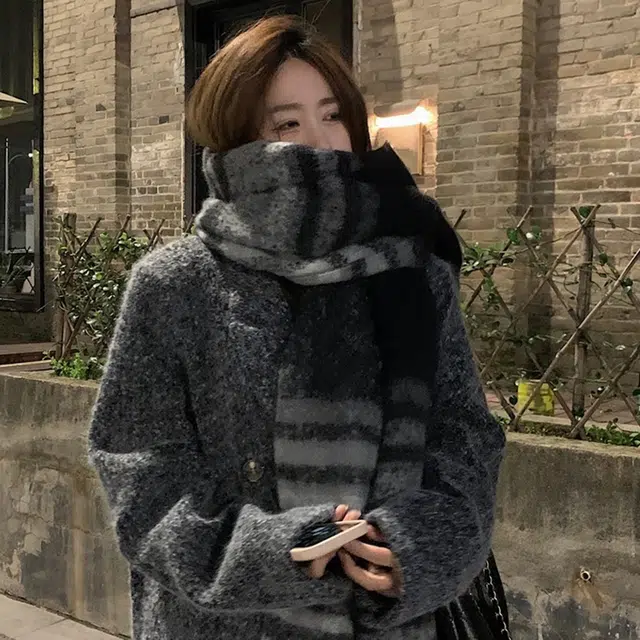 吾皇猫 大版流苏韩版秋冬季户外百搭加厚马海毛格子保暖围脖 心动礼盒装 聚酯纤维 绒线围巾 男女同款情侣款