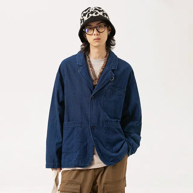 宫奴 潮牌日系复古纯棉水洗宽松多口袋西装领牛仔夹克 男女同款