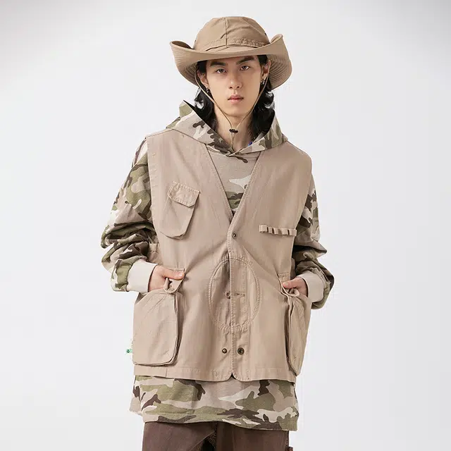 宫奴 潮牌户外机能猎装纯棉水洗做旧迷彩工装休闲背心外套马甲 男女同款