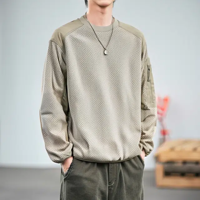 宫奴 日系休闲潮牌户外机能拉链口袋波浪抓绒拼接圆领卫衣 男女同款