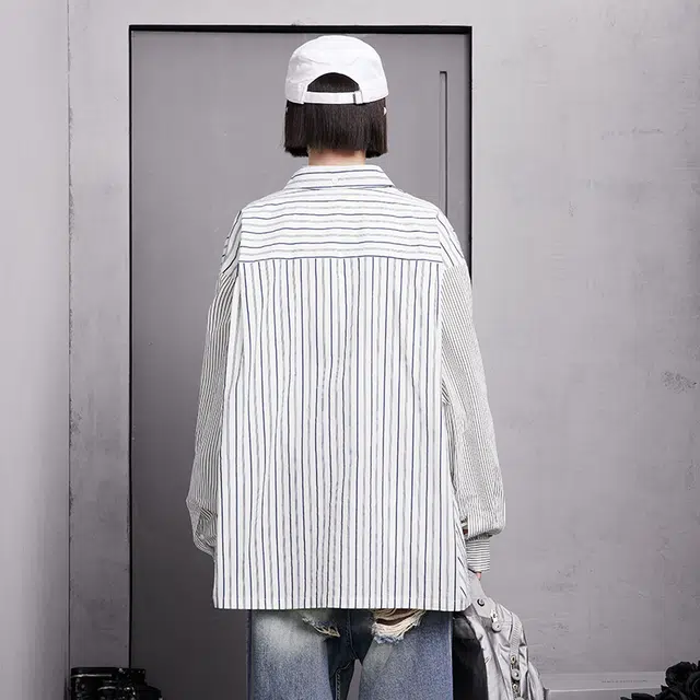 宫奴 日系休闲潮牌设计感拼接条纹宽松百搭翻领长袖衬衫 男女同款