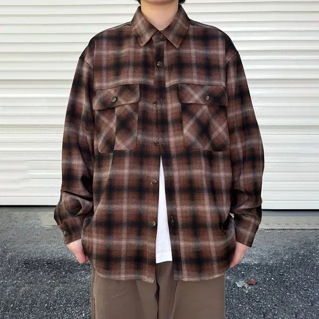 宫奴 日系休闲潮牌复古慵懒风格纹宽松翻领工装长袖衬衫 男女同款