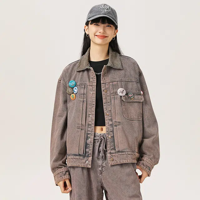 宫奴 潮牌复古水洗做旧趣味徽章宽松休闲经典翻领牛仔夹克 男女同款