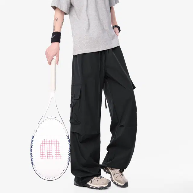 喜羊羊与灰太狼 美式街头潮流褶皱纯色伞兵防水登山户外多口袋长裤可拆卸复古格子屁帘设计日常通勤宽松舒适垂感直筒工装休闲裤 男女同款