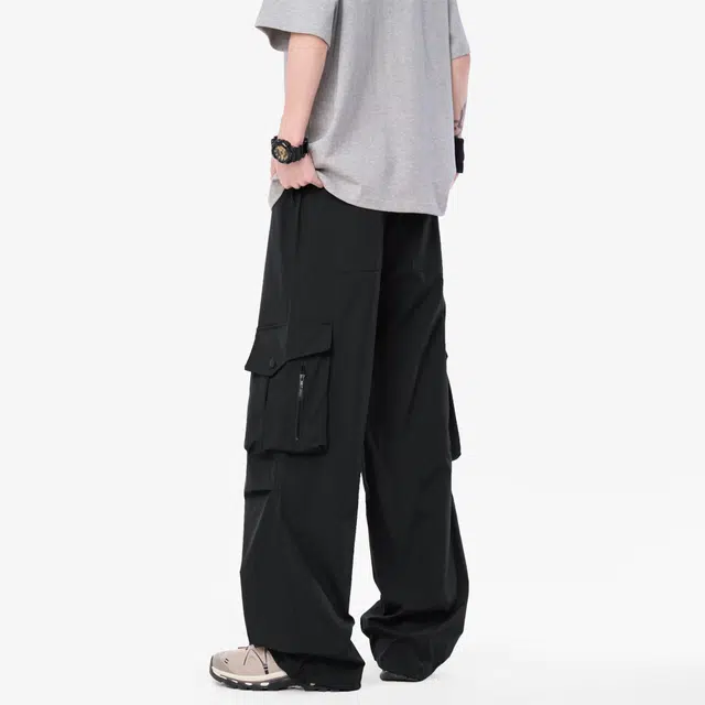 喜羊羊与灰太狼 美式街头潮流褶皱纯色伞兵防水登山户外多口袋长裤可拆卸复古格子屁帘设计日常通勤宽松舒适垂感直筒工装休闲裤 男女同款