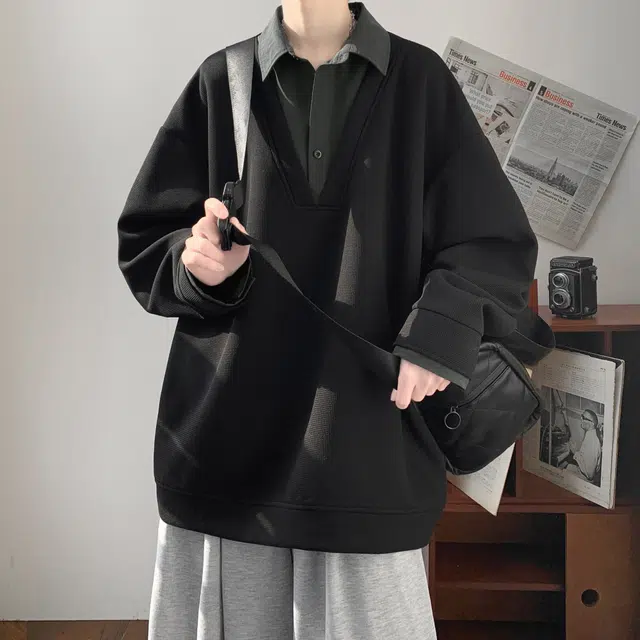 洋气先生 美式复古高街简约纯色潮流针织翻领拼接撞色单排扣落肩袖日常休闲舒适学院风假两件宽松百搭时尚无性别主义个性通勤卫衣 男女同款
