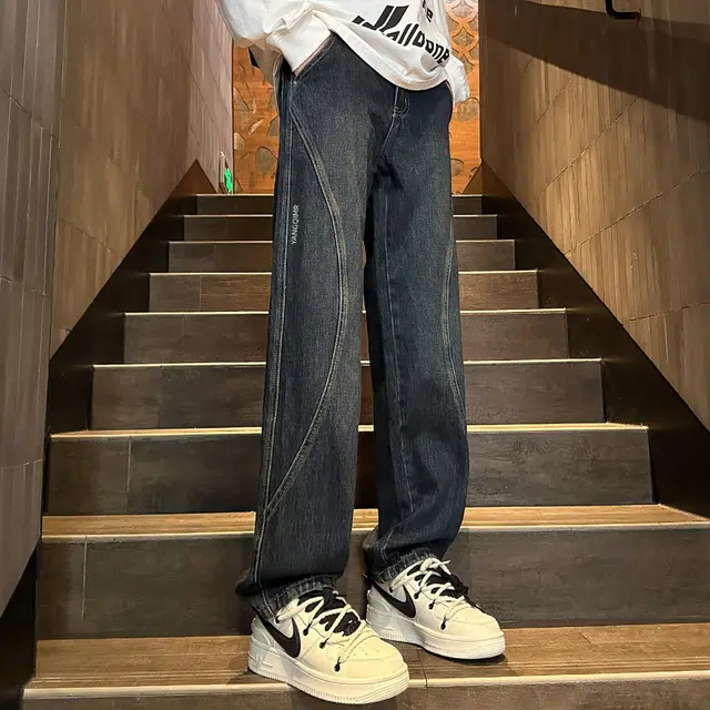 洋气先生 美式复古潮牌高街无性别主义拼接解构设计宽松直筒高级感百搭休闲舒适水洗做旧废土风秋季长款日常穿搭牛仔裤 男女同款