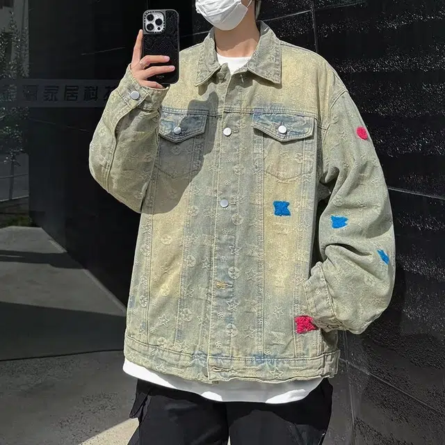 洋气先生 美式复古百搭简约小众时尚高级感日常基础休闲宽松防风保暖城市机能风水洗做旧提花满印氛围感户外通勤夹克 男女同款