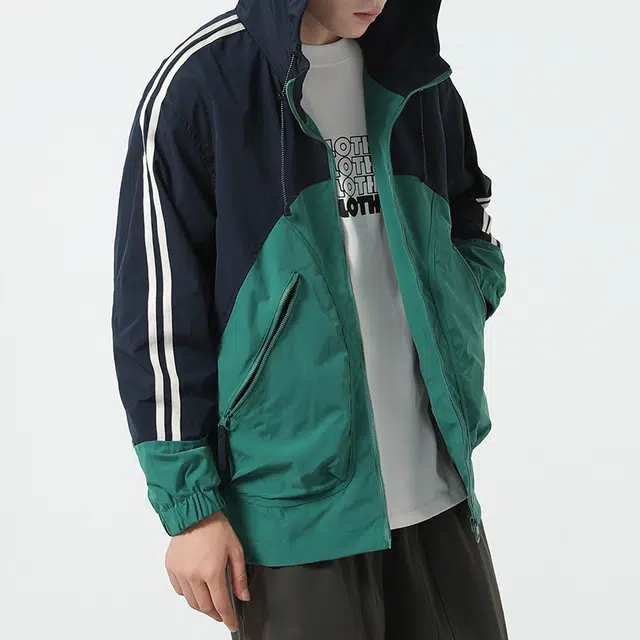 洋气先生 美式潮牌轻奢撞色拼接连帽衣袖两侧条纹设计拉链长袖休闲舒适保暖无性别主义山系风日常通勤户外运动百搭工装外套夹克 男女同款
