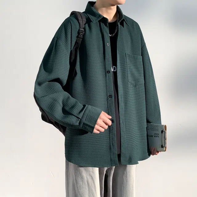 洋气先生 美式复古高街立体竖条纹肌理感简约纯色时尚潮流气质百搭小众高级感日常休闲宽松舒适慵懒氛围感开衫单排扣外套衬衫 男女同款