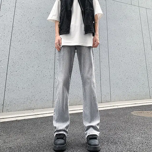 洋气先生 美式高街复古水洗做旧微喇中腰直筒弹力柔软亲肤平整抗皱纯色基础款垂坠感宽松百搭休闲日常出行运动穿搭长款牛仔裤 男女同款
