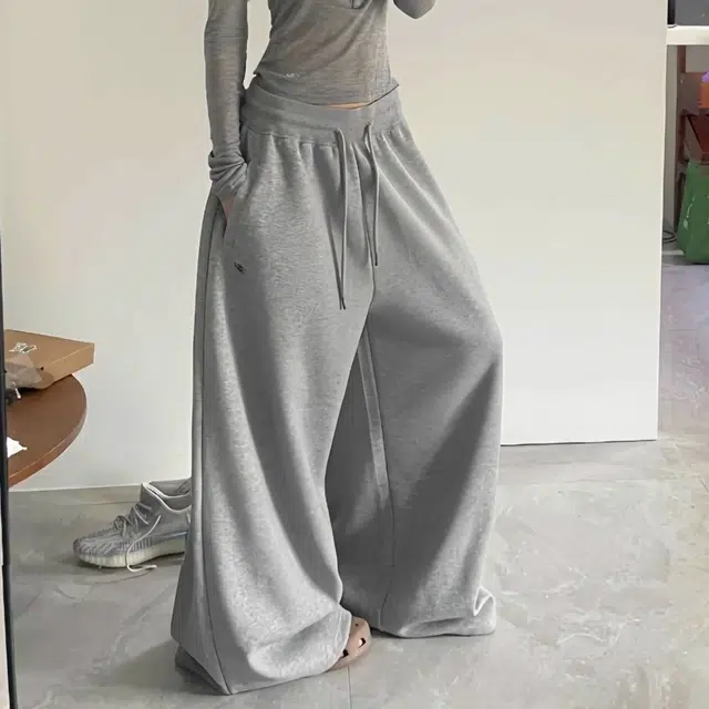 洋气先生 美式高街复古简约纯色小众设计感时尚潮流帅气百搭宽松阔腿垂感松紧中腰系带直筒显高显瘦学院风慵懒氛围感休闲裤 男女同款
