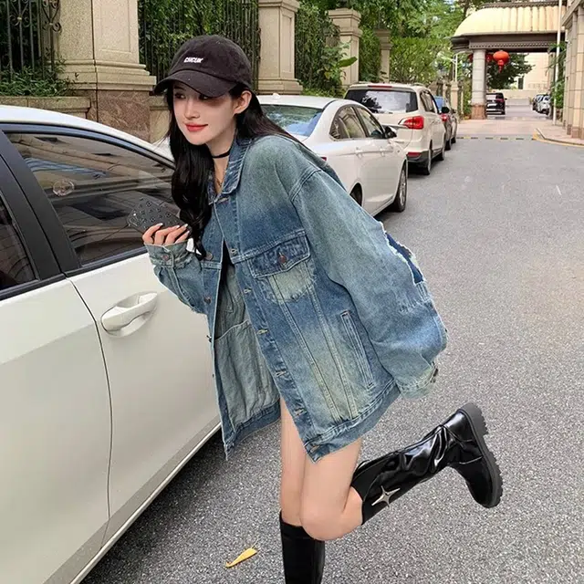 洋气先生 美式复古高街简约纯色潮牌慵懒风破洞设计感重磅休闲长袖潮流居家宽松舒适亲肤户外运动时尚百搭水洗做旧上衣牛仔外套 男女同款