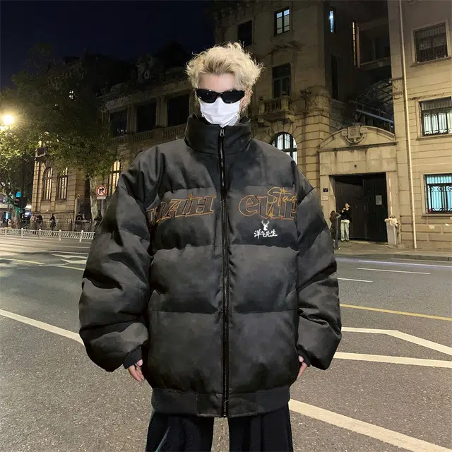 洋气先生 美式复古潮牌高街字母印花设计无性别主义宽松舒适保暖立领开衫拉链日常通勤户外防风休闲简约时尚潮流百搭上衣外套棉服 男女同款