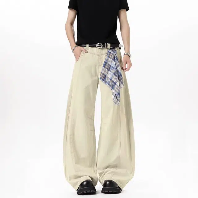 洋气先生 美式高街复古简约纯色可拆卸方巾小众设计感时尚潮流帅气百搭宽松阔腿褶皱垂感中腰直筒显高显瘦氛围感休闲裤 男女同款