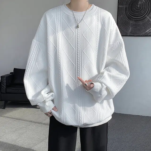 洋气先生 个性简约正肩设计感小众高级感穿搭重磅时尚潮流宽松百搭学生通勤春秋季港风提花长袖圆领套头上衣美式复古打底卫衣 男女同款