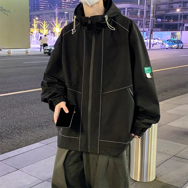 洋气先生 美式潮牌撞色拼接带帽开衫设计痞帅长袖上衣休闲舒适防风保暖耐磨日常通勤户外徒步无性别主义简约百搭连帽工装外套夹克 男女同款