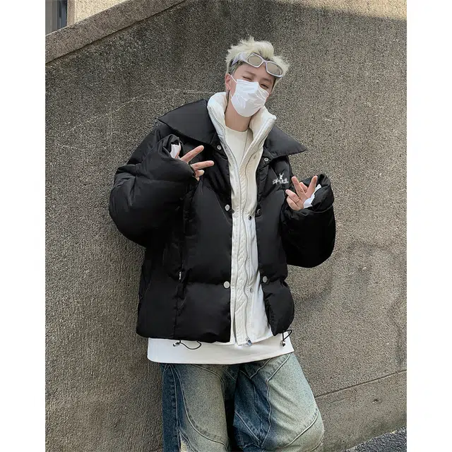 洋气先生 美式复古潮牌高街假两件设计无性别主义宽松舒适保暖立领开衫拉链日常通勤户外防风休闲简约时尚潮流百搭上衣外套棉服 男女同款