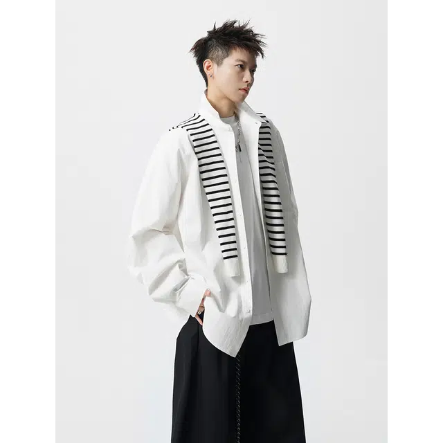 洋气先生 美式纯色简约时尚潮流气质百搭可拆卸条纹披肩小众高级感文艺风日常休闲宽松舒适慵懒氛围感开衫单排扣翻领外套衬衫 男女同款