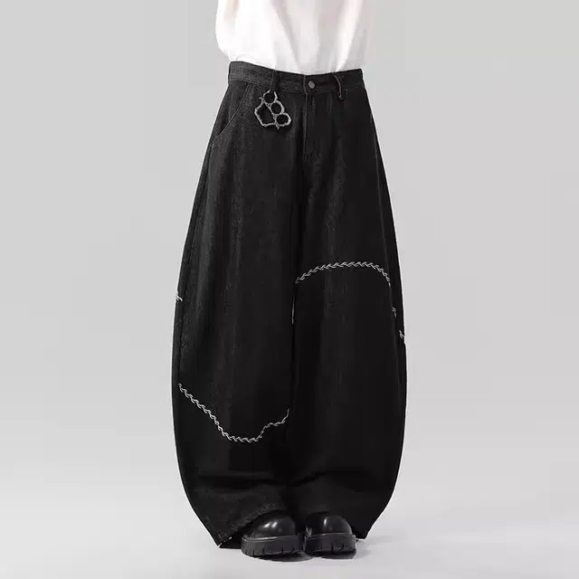 洋气先生 美式高街复古简约纯色弧形明线小众设计感时尚潮流帅气百搭宽松阔腿垂感中腰直筒显高显瘦慵懒氛围感牛仔裤 男女同款