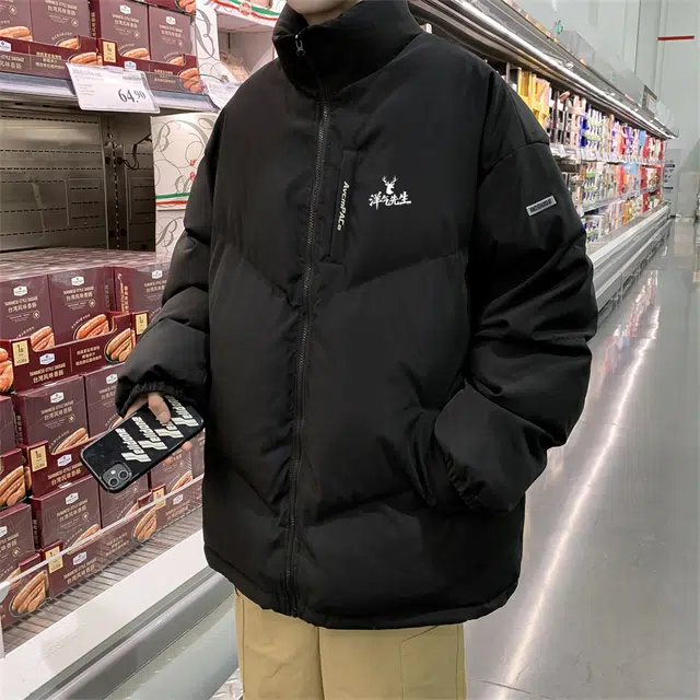 洋气先生 美式复古潮牌高街纯色慵懒无性别主义宽松舒适保暖立领开衫拉链日常通勤户外防风休闲简约时尚潮流百搭上衣外套棉服 男女同款
