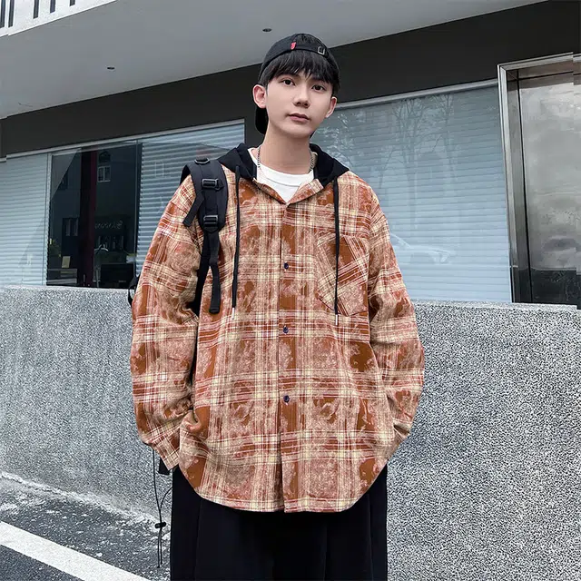 洋气先生 美式复古高街连帽做旧扎染格纹时尚潮流气质百搭小众高级感日常休闲宽松舒适潮牌慵懒氛围感开衫单排扣外套衬衫 男女同款